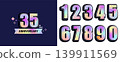 Set of anniversary holographic logo for every decade with template for anniversary 35 years. Elegant card for event with numbers. Design for web,poster,banner,flyer,party,wedding, invitation. Vector 139911569