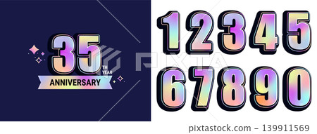 Set of anniversary holographic logo for every decade with template for anniversary 35 years. Elegant card for event with numbers. Design for web,poster,banner,flyer,party,wedding, invitation. Vector Set of anniversary holographic logo for every decade with template for anniversary 35 years. Elegant card for event with numbers. Design for web,poster,banner,flyer,party,wedding, invitation. Vector 139911569