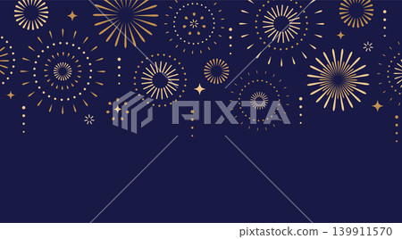 Elegant card for different events and holidays with abstract golden fireworks on blue background. Place for text under firecrackers. Design for holiday celebration, banner, greeting card, web. Vector Elegant card for different events and holidays with abstract golden fireworks on blue background. Place for text under firecrackers. Design for holiday celebration, banner, greeting card, web. Vector 139911570