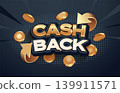 Elegant template with golden coins for cash back. Cashback or money back service, financial payment ad. Advertising banner with falling gold coins on dark background. Bank marketing promotion. Vector Elegant template with golden coins for cash back. Cashback or money back service, financial payment ad. Advertising banner with falling gold coins on dark background. Bank marketing promotion. Vector 139911571