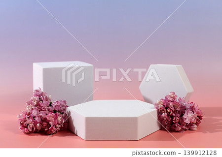 Abstract floral arrangement with lilac. Aesthetically pleasing cosmetic display case with floral decor for showcasing beauty products. Minimalistic, modern design. Creative template for your design Abstract floral arrangement with lilac. Aesthetically pleasing cosmetic display case with floral decor for showcasing beauty products. Minimalistic, modern design. Creative template for your design 139912128