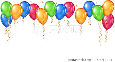 Colorful balloons with ribbons and confetti floating up. Colorful balloons with ribbons and confetti floating up. 139912224
