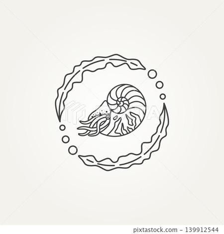 nautilus seashell and seaweed line art icon logo 139912544