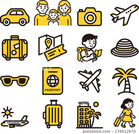 Travel, sightseeing, travel icon illustration set, family trip, airplane, passport, line drawing, simple. Travel, sightseeing, travel icon illustration set, family trip, airplane, passport, line drawing, simple. 139912678