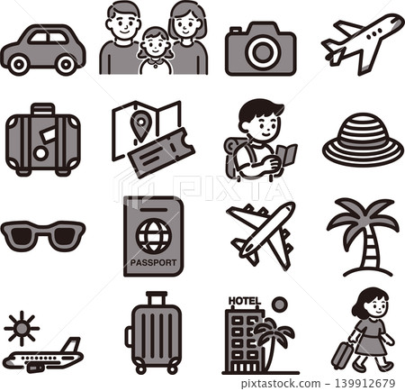 Travel, sightseeing, travel icon illustration set, family trip, airplane, passport, line drawing, simple. Travel, sightseeing, travel icon illustration set, family trip, airplane, passport, line drawing, simple. 139912679