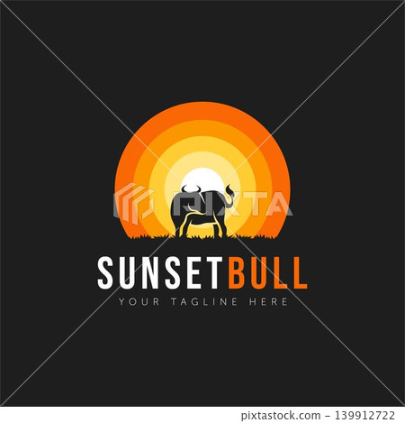 silhouette bull sunset in negative space logo silhouette bull sunset in negative space logo 139912722