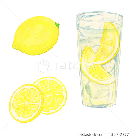 手繪水彩檸檬酸味和檸檬素材套裝,充滿夏日氣息的檸檬切片插圖。 手繪水彩檸檬酸味和檸檬素材套裝,充滿夏日氣息的檸檬切片插圖。 139912877