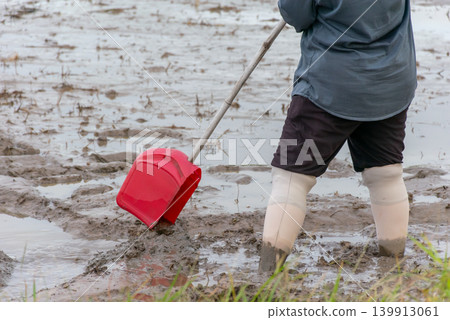 Farmer using scoop to drain water muddy rice field before sowing rice traditional agriculture work rural farmland boots wet soil 139913061