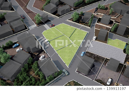 Residential Site Planning Concept with Subdivision Layout and Aerial View Rendering Residential Site Planning Concept with Subdivision Layout and Aerial View Rendering 139913197