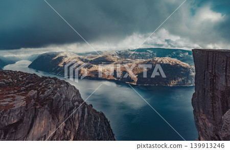 Lysefjord and Preikestolen cliff in cloudy weather, Norway Lysefjord and Preikestolen cliff in cloudy weather, Norway 139913246