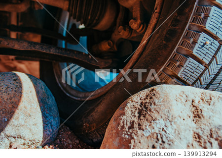 Car wheel on stones close-up view 139913294