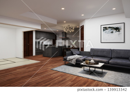 Modern Japanese Style Living Room with Dark Wood Flooring and Minimalist Kitchen Modern Japanese Style Living Room with Dark Wood Flooring and Minimalist Kitchen 139913342