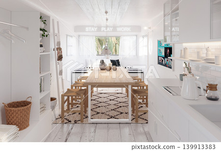 Bright Scandinavian Dining Space with Minimalist White Interior and Wooden Table Bright Scandinavian Dining Space with Minimalist White Interior and Wooden Table 139913383