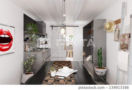 Modern Compact Kitchen Interior with Industrial Scandinavian Design Modern Compact Kitchen Interior with Industrial Scandinavian Design 139913386