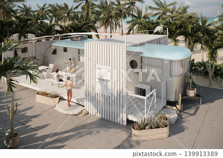 Luxury Beach Camper Trailer Resort with Tropical Palm Trees and Outdoor Deck Luxury Beach Camper Trailer Resort with Tropical Palm Trees and Outdoor Deck 139913389