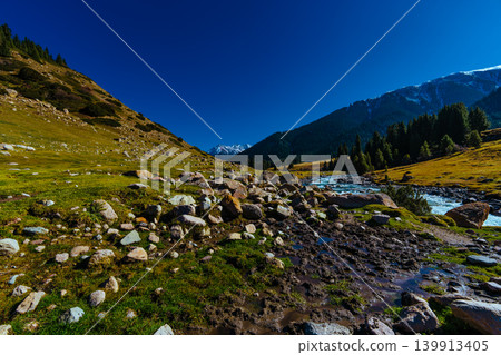Autumn valley landscape with mountain river 139913405
