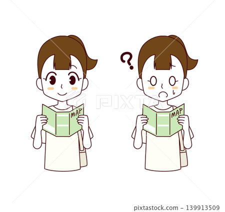 一組兩幅插圖，描繪的是一個女孩正在看一張紙質地圖。 139913509