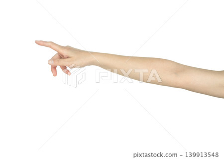 Cropped shot view of woman right hand showing pointing gesture or try to touching somethings isolated with white background. Cropped shot view of woman right hand showing pointing gesture or try to touching somethings isolated with white background. 139913548