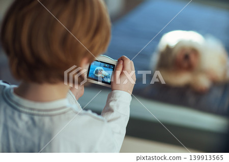 Baby takes pictures of his dog at home, focus on screen 139913565