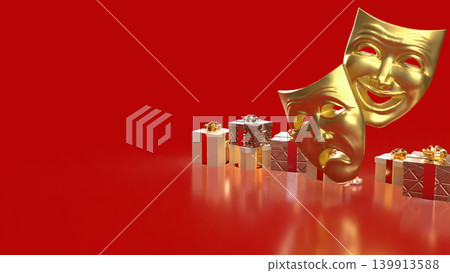 Golden Theater Masks with Festive Gifts 3d render. Golden Theater Masks with Festive Gifts 3d render. 139913588