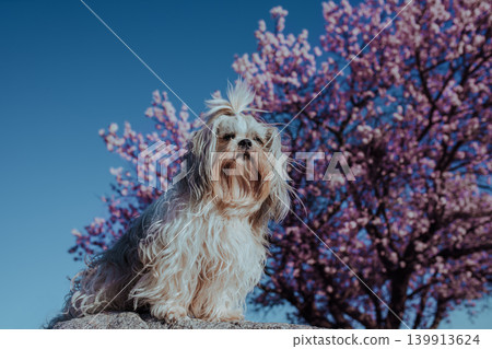 Shih tzu dog on blossom apricot tree background Shih tzu dog on blossom apricot tree background 139913624
