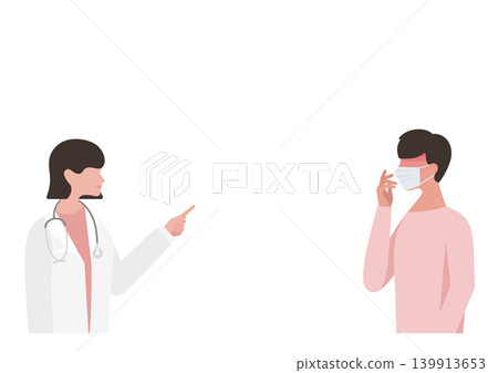 向量插圖,描繪了一名感冒發燒的男子和一名女醫生指著某處進行解釋。 向量插圖,描繪了一名感冒發燒的男子和一名女醫生指著某處進行解釋。 139913653