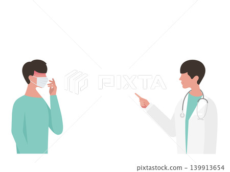 向量插圖,描繪了一名感冒發燒的男子,醫生正在指著他並進行解釋。 向量插圖,描繪了一名感冒發燒的男子,醫生正在指著他並進行解釋。 139913654