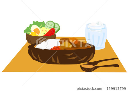 午餐菜單插圖，包括咖哩飯和沙拉，盛放在雕花木盤中。 139913799