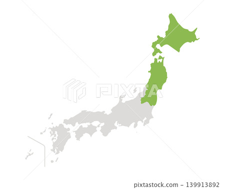 一張日本地圖插圖，其中只有東北地區以綠色突出顯示。 139913892