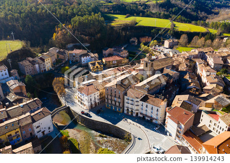 View from drone of La Pobla de Lillet surrounded by Pyrenees, Spain View from drone of La Pobla de Lillet surrounded by Pyrenees, Spain 139914243
