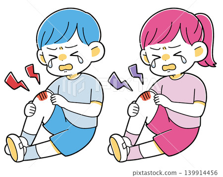 一幅插圖,描繪了一個男孩和一個女孩因為腿受傷而哭泣。 一幅插圖,描繪了一個男孩和一個女孩因為腿受傷而哭泣。 139914456