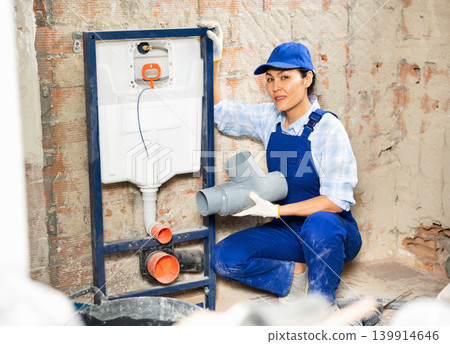 Plumber installing back to wall toilet system Plumber installing back to wall toilet system 139914646