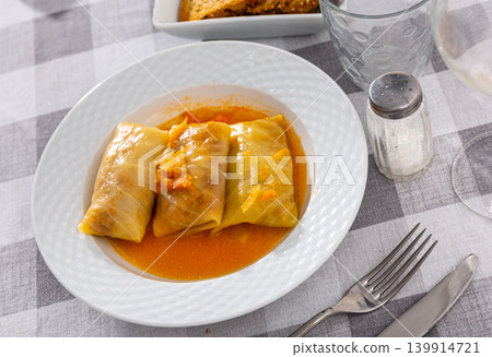 Golubtsy (cabbage rolls) served on table Golubtsy (cabbage rolls) served on table 139914721