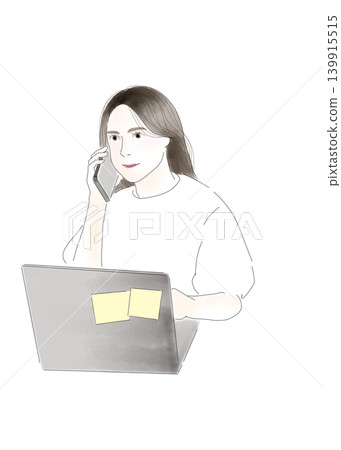 一個女人在看筆記本電腦時打電話 139915515