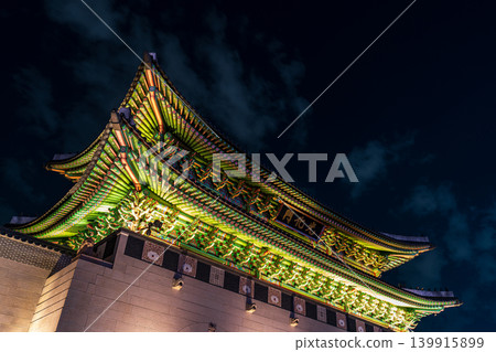 Seoul, South Korea - May. 14, 2026 : Magnificent low-angle night view of Gwanghwamun Gate, the main gate of Gyeongbokgung Palace, illuminated in Seoul, South Korea Seoul, South Korea - May. 14, 2026 : Magnificent low-angle night view of Gwanghwamun Gate, the main gate of Gyeongbokgung Palace, illuminated in Seoul, South Korea 139915899