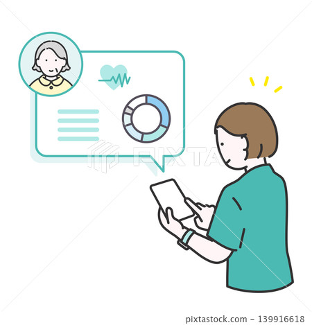 An illustration depicting a nurse checking patient information on a smartphone. 139916618