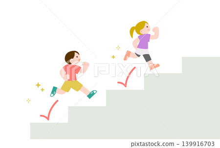 Children running up the stairs Children running up the stairs 139916703