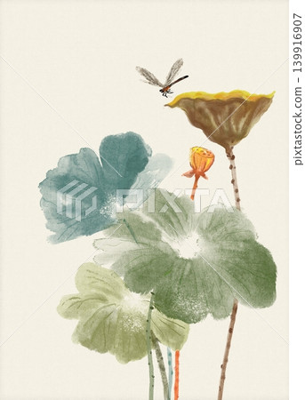 Lotus Leaves and Flowers with Dragonfly Hovering Above in Time Lapse Lotus Leaves and Flowers with Dragonfly Hovering Above in Time Lapse 139916907