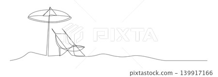 Single line drawing simple beach umbrella lounge deck chair wavy horizon sand relaxation. Single line drawing simple beach umbrella lounge deck chair wavy horizon sand relaxation. 139917166