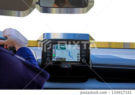 Driver hand on steering wheel with car navigation system dashboard screen displaying map, vehicle interior isolated on transparent background. High quality photo Driver hand on steering wheel with car navigation system dashboard screen displaying map, vehicle interior isolated on transparent background. High quality photo 139917181