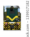 Front view of green diesel locomotive engine with yellow stripes, industrial vintage shunting train isolated on transparent background. High quality photo 139917182