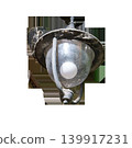 An old street lantern covered in cobwebs and dust with a glowing light bulb inside on an isolated transparent background. High quality photo 139917231