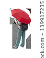 Woman with red umbrella and backpack looking at smartphone isolated on transparent background. Back view of female student or tourist walking in rain, modern urban life cutout element. High quality 139917235