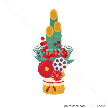 Traditional Japanese New Year kadomatsu arrangement with cut bamboo stalks, pine needles, red plum and chrysanthemum flowers, berries, lotus seed pod and straw base symbol of good fortune celebration Traditional Japanese New Year kadomatsu arrangement with cut bamboo stalks, pine needles, red plum and chrysanthemum flowers, berries, lotus seed pod and straw base symbol of good fortune celebration 139917284