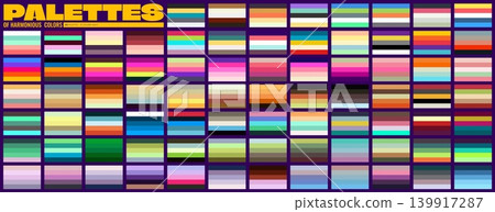 Vibrant set of harmonious color palette swatches features Vibrant, cool and warm schemes, each with five coordinating tones. Diverse array of color combinations for interior design and social media Vibrant set of harmonious color palette swatches features Vibrant, cool and warm schemes, each with five coordinating tones. Diverse array of color combinations for interior design and social media 139917287