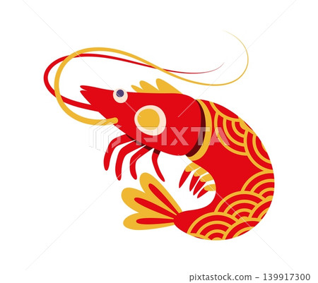 Shrimp for Japanese New Year holiday icon with Asian ornament for Japan symbol. Red shrimp or ebi prawn in traditional decorative art with festive ornament for Japanese New Year dish or sushi seafood Shrimp for Japanese New Year holiday icon with Asian ornament for Japan symbol. Red shrimp or ebi prawn in traditional decorative art with festive ornament for Japanese New Year dish or sushi seafood 139917300