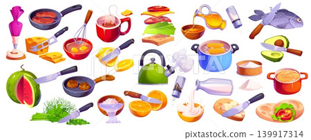 Cooking process set, cook food and culinary elements. Boiling teapot, fresh fish, olive oil and fruits. Frying pan and saucepan, cheese, sandwich isolated cartoon vector cooking process ingredients 139917314