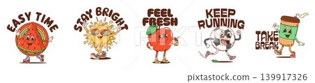 Cartoon y2k groovy funky summer travel character stickers or retro patches. Watermelon, sun, apple, soccer ball and coffee cup easy time, stay bright, feel fresh, take a break and keep running slogans Cartoon y2k groovy funky summer travel character stickers or retro patches. Watermelon, sun, apple, soccer ball and coffee cup easy time, stay bright, feel fresh, take a break and keep running slogans 139917326