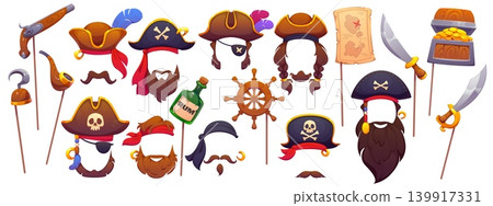 Cartoon pirate photo booth masks and props for kids birthday party or carnival. Vector photo booth face masks of funny captain pirate and sailor corsair with hats and eye patches, hook and sword props Cartoon pirate photo booth masks and props for kids birthday party or carnival. Vector photo booth face masks of funny captain pirate and sailor corsair with hats and eye patches, hook and sword props 139917331