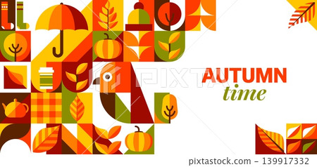 Autumn falling season time banner with mosaic geometric patterns. Tiles showing pumpkin, falling tree leaves, bird, umbrella, coffee cup, teapot or socks conveying warm and cozy season or harvest mood 139917332
